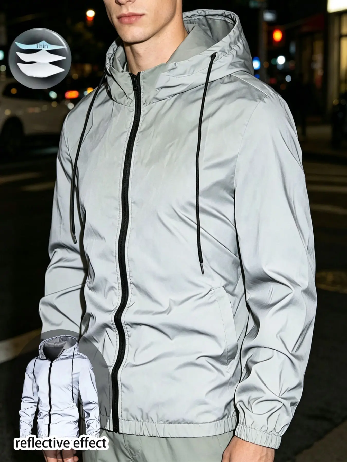Fashion Men's Reflective Lightweight Hooded Casual Jacket Coats, Trendy Streetwear Outerwear, Waterproof Breathable, Unisex Gift for Daily Use