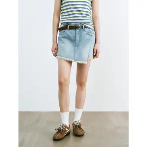 URBAN REVIVO Lady's 2026 Summer High-Waist Light Wash Cotton-Polyester Fitted Hip Casual Denim Wrap Mini Skirt - Asymmetric Frayed Hem, Animal-Print Option, UYU850058, Women's Bottoms