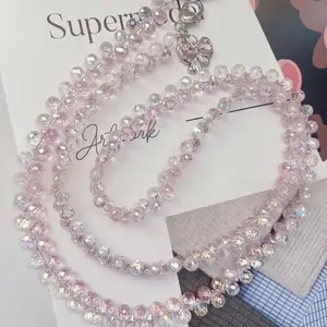 Original design mobile phone lanyard, long chain, handmade, strawberry pink and white crystal lanyard, crossbody shoulder strap, neck strap, bag chain