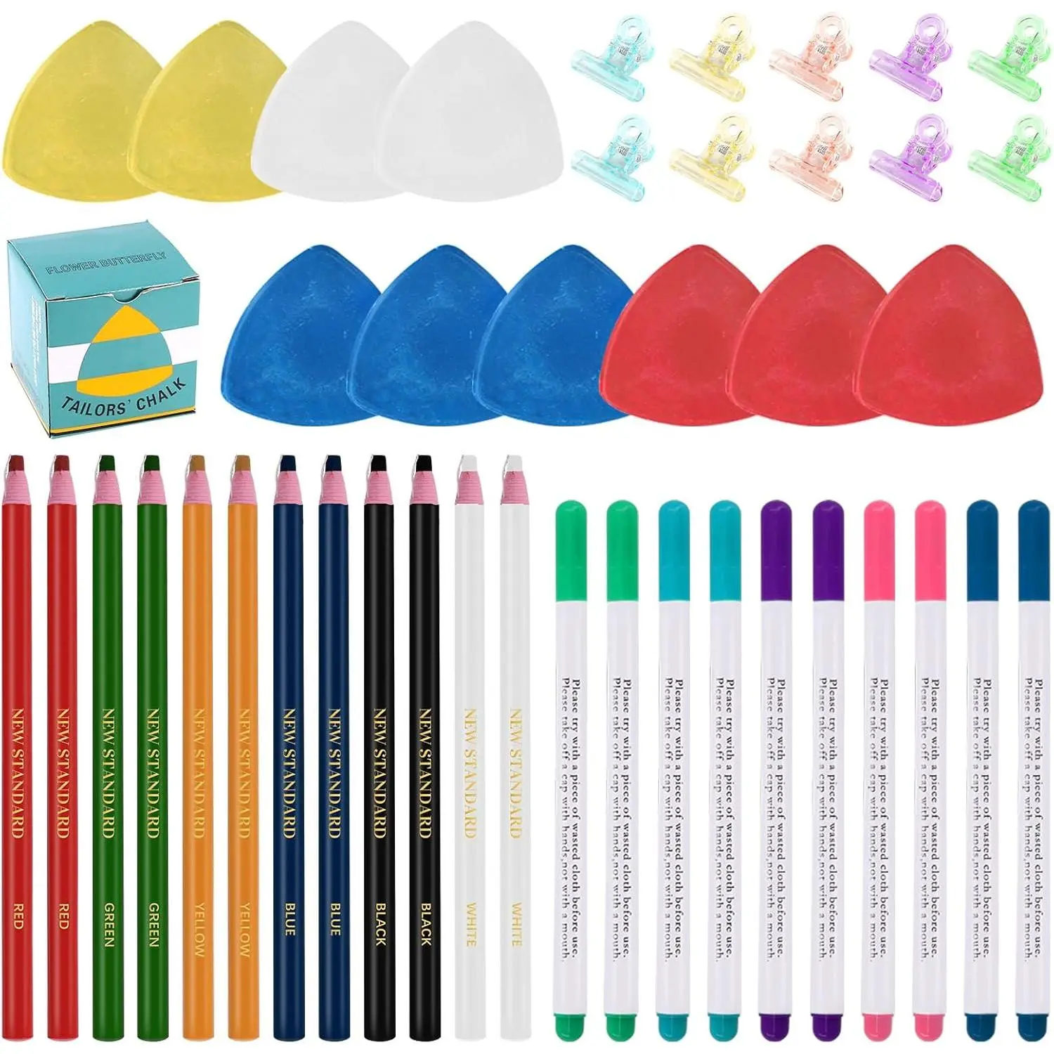 43 count Sewing Tools Kit, 10 count Professional Tailor's Chalk and 12 count Sewing Mark Pencil with 12 count 5 Color Disappearing Erasable Ink Fabric Marker Pen and 10 count Plastic Clips for Sewing Marking