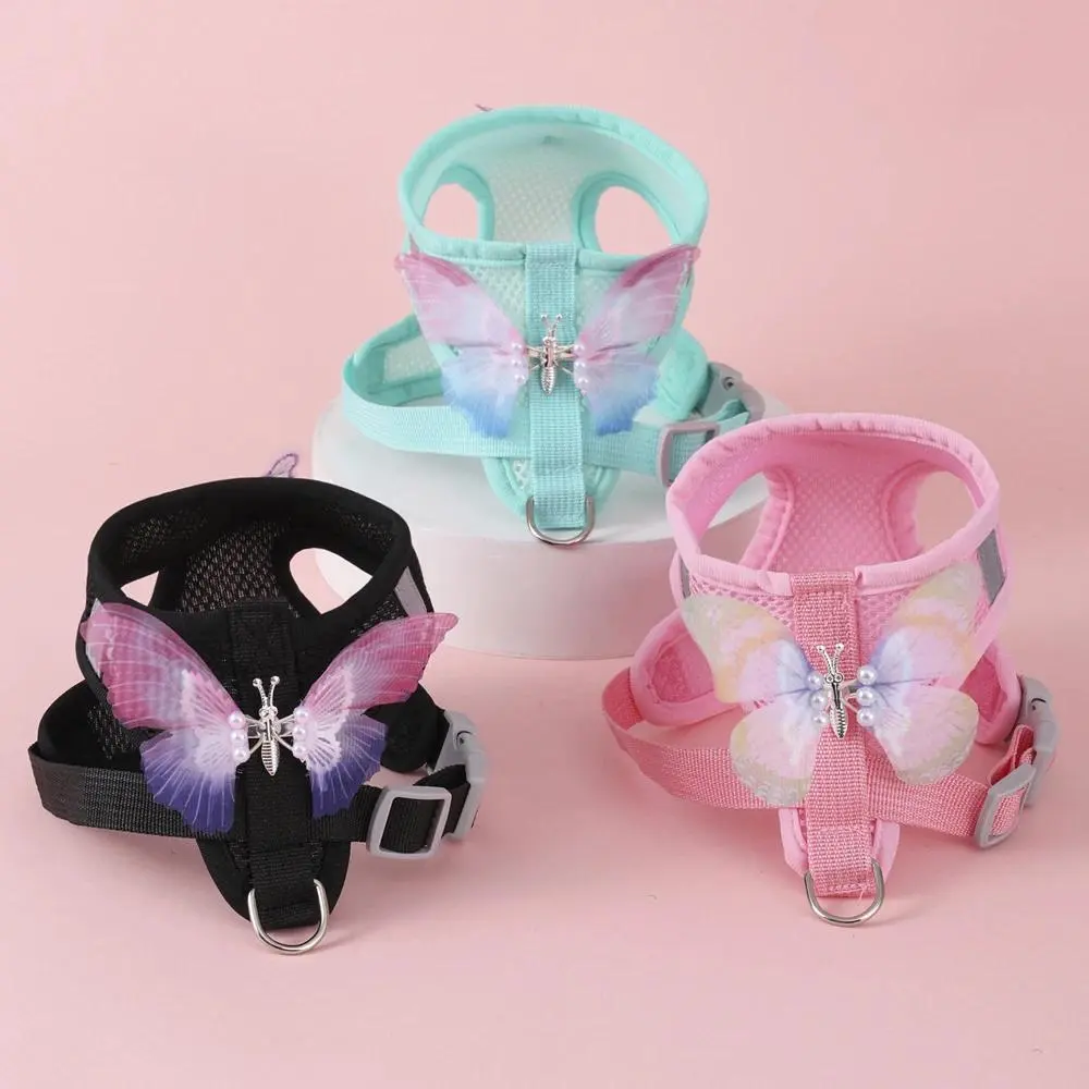 Embroidered Butterfly Bow Detachable Dog & Cat Harness Set - Breathable Mesh Chest Vest with Leash, Outdoor Walking Pet Accessory, Size S