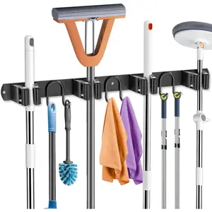 Broom Holder Wall Mount, Stainless Steel Mop Hanger with 4 Slots 6 Hooks, Tool Storage Wall Organizer for Kitchen Garden Garage Laundry Room Bathroom and RV, Black 1-Pack