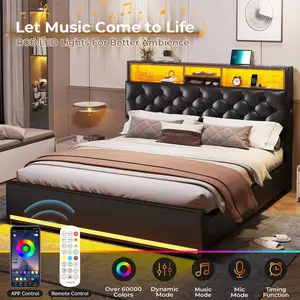 Sikaic LED Bed Frame with Charging Station, Black Upholstered Platform Bed with Storage Headboard and 4 Drawers