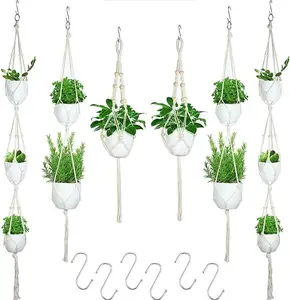 6 Pieces Macrame Plant Hangers with 6 Hooks, Different Tiers, Handmade Rope Hanging Planters Set Flower Pots Holder Stand Hanging Plant Holder for Indoor Outdoor Boho Home Decor