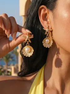 Ocean Style Stud Earrings, Starfish & Shell Pearl Design, Plating, Fade-Resistant, Unique Non-Matching Ear Rings
