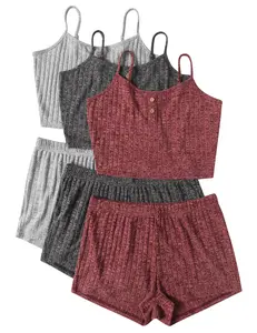 EKOUAER 3 Sets for Women Ribbed  Crop Cami Top and Shorts Casual  Button Lounge Set S-XL
