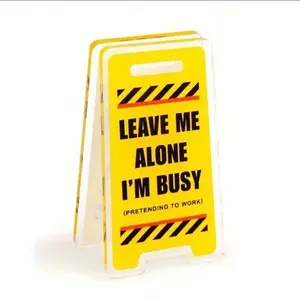 Acrylic "LEAVE ME ALONE I'M BUSY" Phrase Table Card with Yellow and Black Hazard Stripes Design- Funny Office Desk Accessories Decor Gift