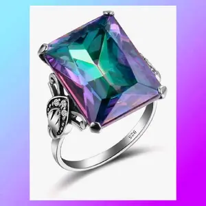925 Sterling Silver Fashion Natural Topaz Ring 5ct Square Perfect Cut Rainbow Topaz Gemstone Promise Rings CZ Eternity Engagement Wedding Band Ring for Women