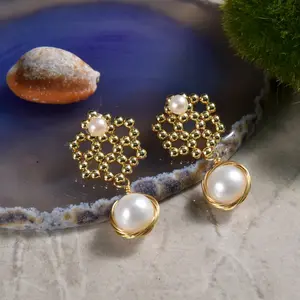 Hand Wired Pearl Drop & Stud Earring. Two in One Handwoven Wire-wrapped Natural Freshwater Pearl stud and Pearl Dangle/Drop earring.