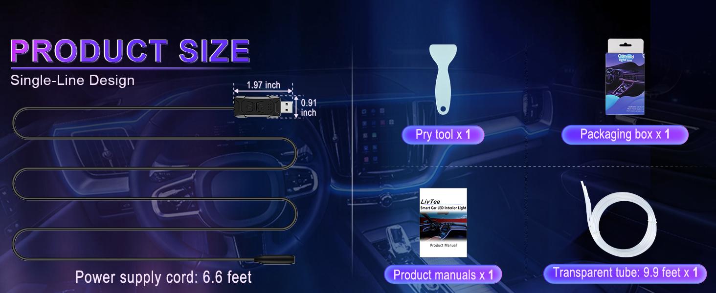 LivTee Smart Car LED Interior Lights with USB Port, LED Strip Fiber Optic Lights, Wireless App Control, Sync to Music, Car Accessories Gifts for Women and Men, 5 in 1