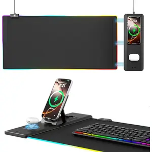 RGB  Pad with   - Desk Mat with Phone Holder and 15W  Charger - Gaming Mousepad with Ultra-Smooth Surface, Non-Slip Base - Keyboard Mat for  Office Gamer Accessories