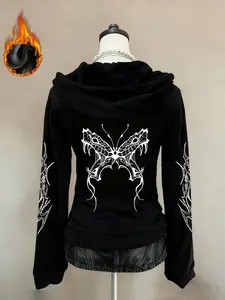 New heavyweight fleece integrated fleece, subculture y2k Gothic style print, black hooded zipper sweatshirt jacket, American retro top