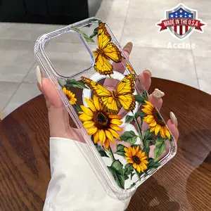 Magnetic Phone Case Compatible for iPhone 16 15 14 Pro Max 13 12 11 XR XS Plus E Sunflower Butterfly Dance Pattern Acrylic Hard Back Soft Silicone Edge Drop Protection Cover Gift