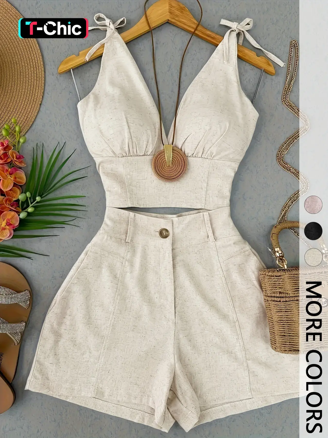 Women's Spring Summer Vintage Vacation Two-Piece Set, Tie Top V-Neck Cinched Waist, High-Waisted Wide Leg Shorts, Casual Top with Shorts Set Clothes