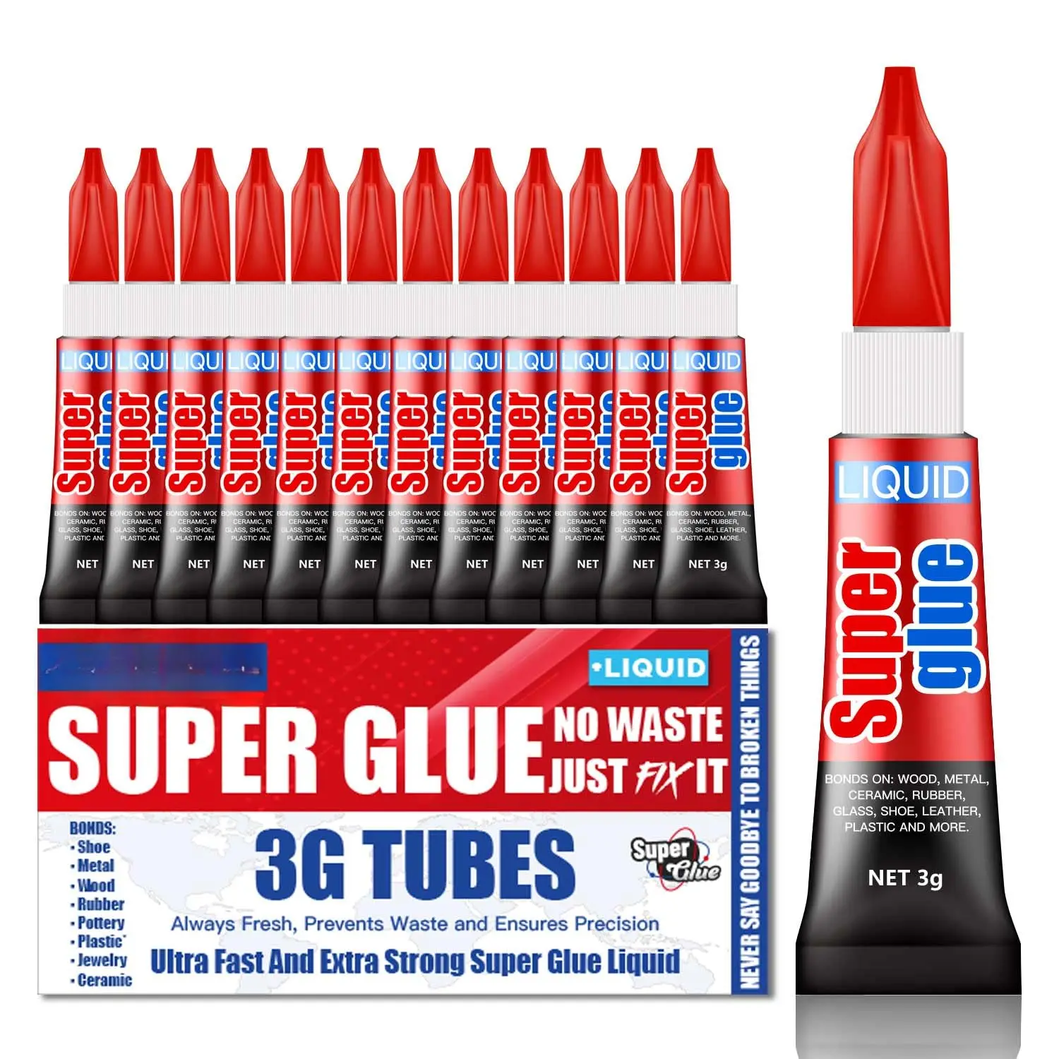 3 Gram (Pack of 12) Single Use Super Glue Liquid, Super Fast, Thin & Strong Adhesive Superglue, Cyanoacrylate Glue for Hard Plastics, DIY Craft, Ceramics, Leather, Metal Etc