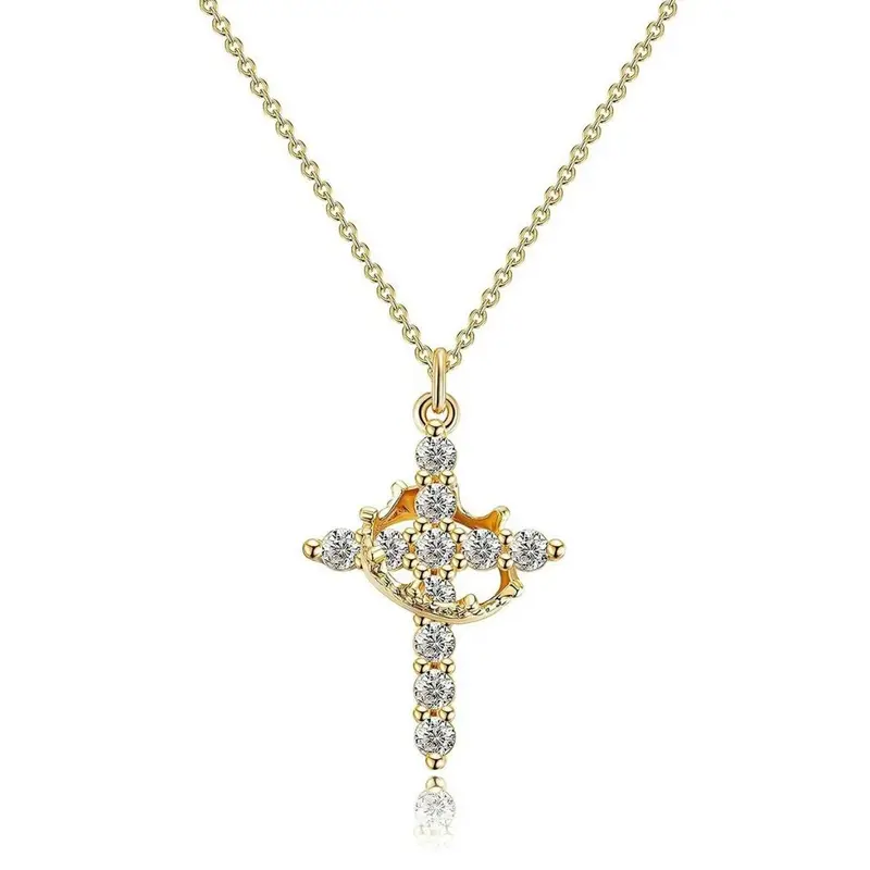 TEWIKY Women's Silver-Tone Christian Cross & Crown Chain Jewelry - Spiritual Christian Charm Necklace, Cross Details All-Match Daily Costume Choker Accessory, Spiritual Jewelry