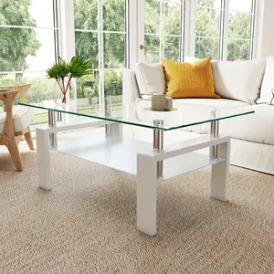 Rectangle Glass Coffee Table, Clear Coffee Table Modern Side Center Tables Furniture for Living Room, Arc angle, White
