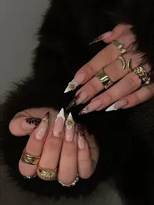 Elegant 3D Flower Leopard Print French Tip Long Stiletto Press On Nails | White V-Cut Elegant Fake Nails | Minimalist Luxury Nail Art