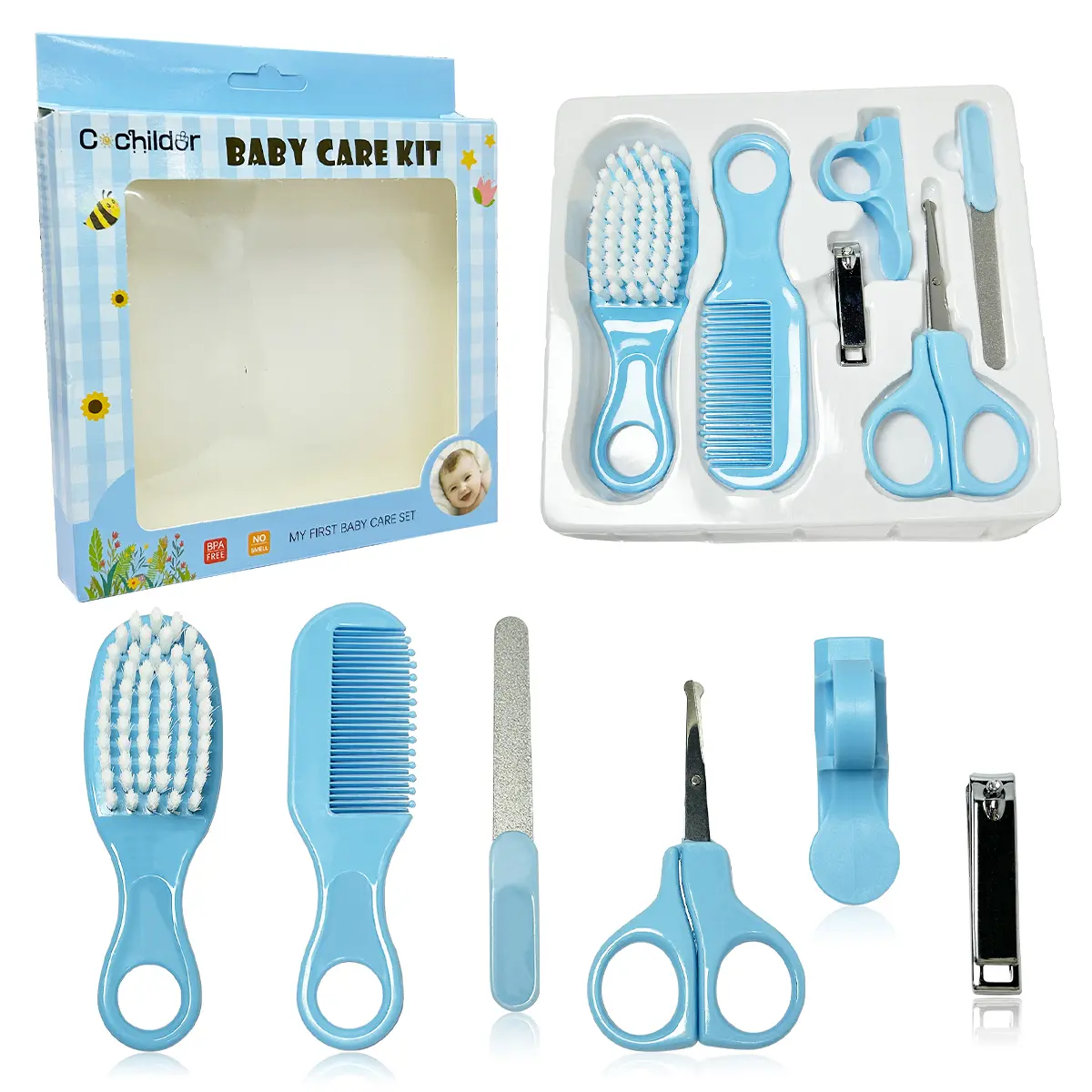 Cochildor 6Pcs Safe Newborn Grooming Health Care Set for 0-3M Unisex Infants, Round Edge Nail Clippers Scissors, Soft Hair Brush & Comb, Nail File, Portable Travel Baby Shower Gift(Pink, Blue), Newborn Baby, Small, Compact Set, Kit Pack, Safety Care