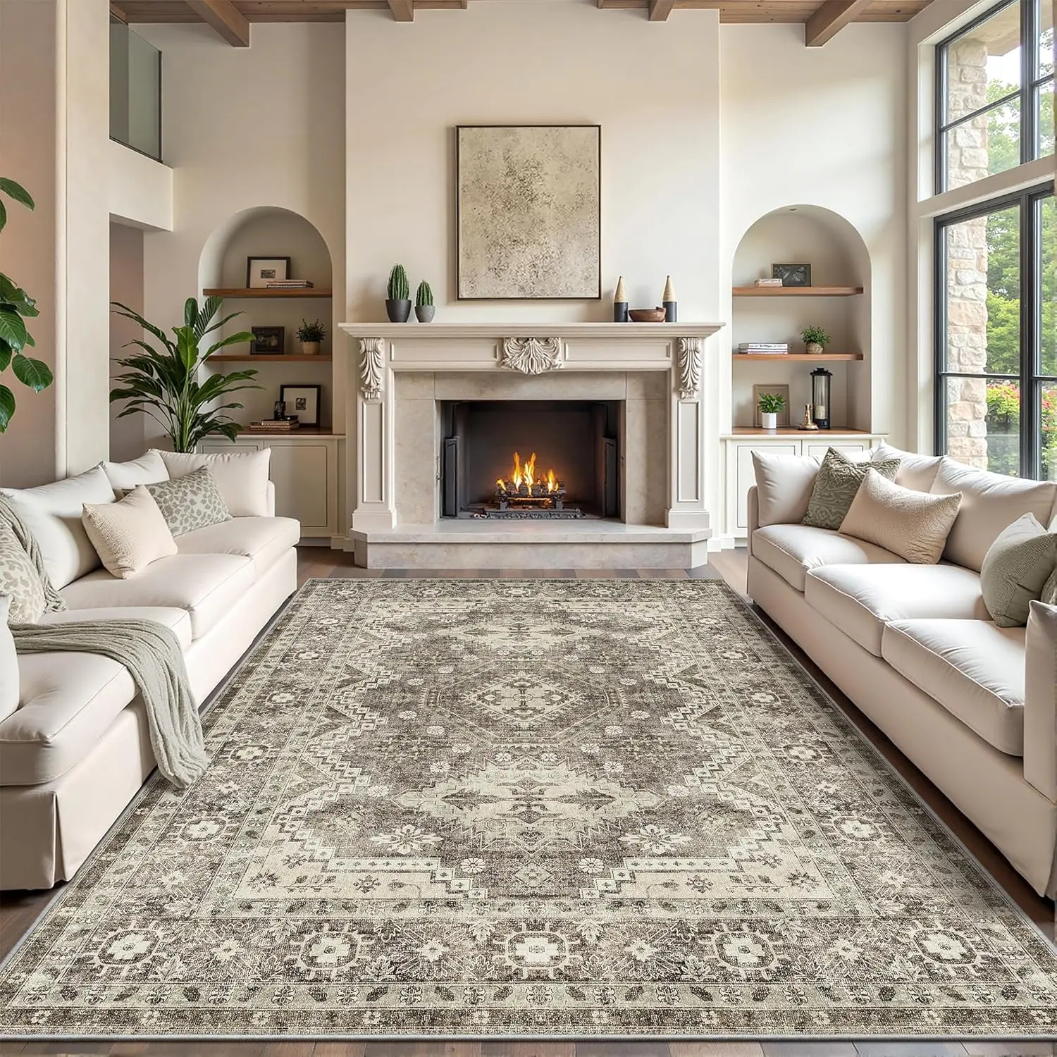 ComiComi Modern 8x10 Floral Tribal Indoor Area Rug - Stain-Resistant, Washable, Anti-Slip Backing, Living Room Rugs, Bedroom Decor, Apartment Textile Accessories, Floral Area Rug for Home Decor