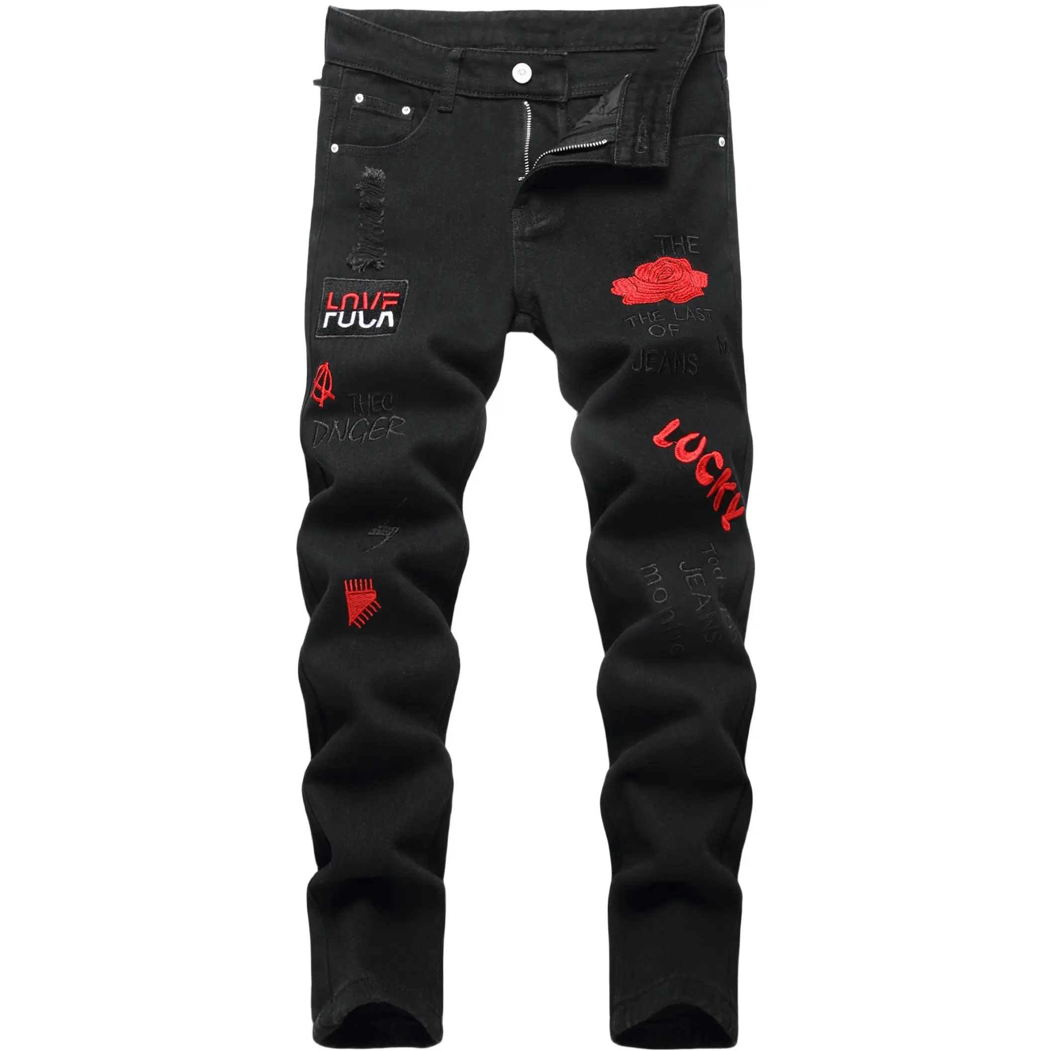 Boys' Skinny Jeans Bottom, Black Ripped Distressed Streetwear with Embroidered Details and 5 Pockets, Pants, Party, Sweet, Japanese, Floral, Mid Waist, Holiday, Zip, Embroidery, Modest, Retro, Denim, Basic