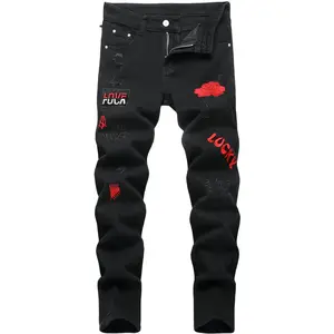 Boy's Embroidered Skinny Jeans Slim Fit Ripped Destroyed Distressed Fashion Denim Pants Black Jeans