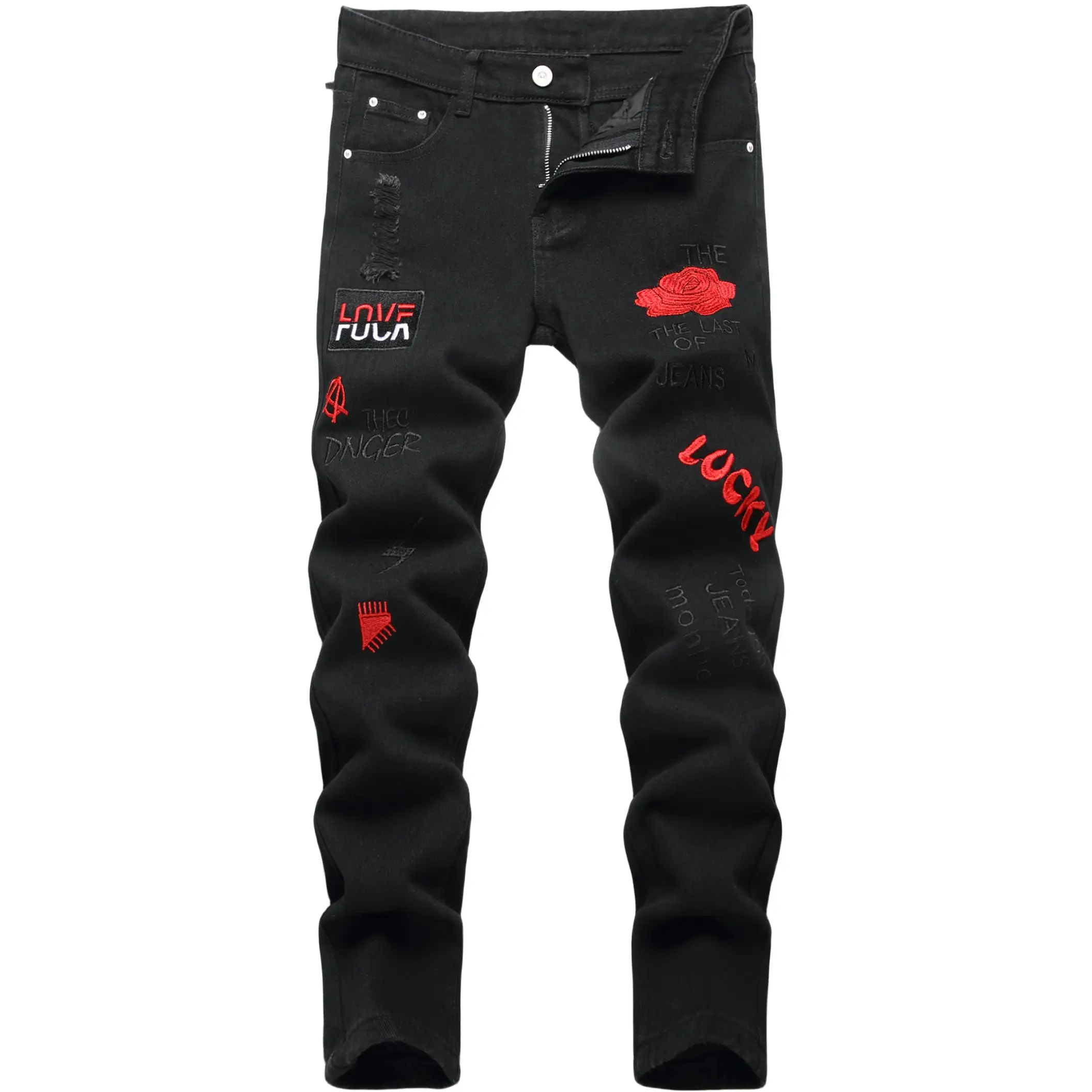 Boy's Embroidered Skinny Jeans Slim Fit Ripped Destroyed Distressed Fashion Denim Pants Black Jeans