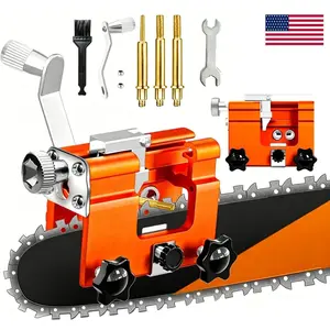 Hand Crank Chainsaw Sharpener Jig Kit, Fast Precise Chain Grinding Tool, Anodized Aluminum Fixture, Universal Guide Bushings for Most 12″–20″ Chainsaw Blades