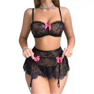 Paired with black roses, a tulle skirt, and a bodysuit, this three-piece floral lace corset lingerie set includes stockings. Flowers
