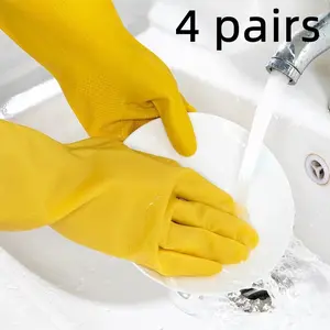 4 Pairs Rubber Dishwashing Gloves, Long Sleeve, Reusable, Durable Elasticity, Non-Slip, Kitchen and Home Cleaning, Household Cleaning Gloves