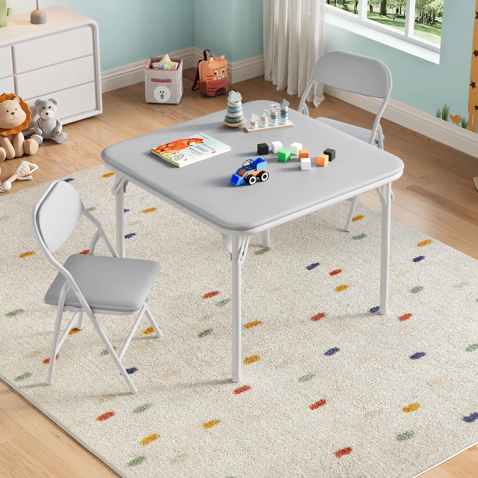 3 Piece Folding Kids Table and Chairs Set, Children Activity Table and Chairs Set for Dining Room,Daycare,Classrooms, Gray