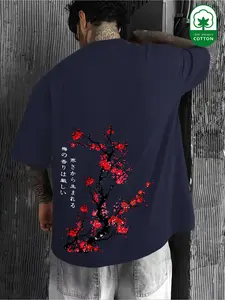 Men's Japanese Plum Blossom Print Cotton T-Shirt, Casual Loose Fit Short Sleeve, Graphic Letter Pattern, All Seasons Wear