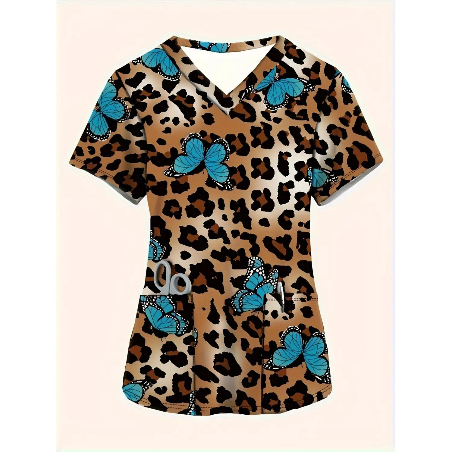 Stylish Plus-Size Women's V-Neck Short-Sleeve Top with Leopard Butterfly Print, Comfortable Casual Wear for Nurses and Doctors with Pockets