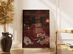 Cherry Lady Printable Poster Vintage Casino Wall Art Red Coquette Aesthetic Femme Fatale Retro Bar Cart Décor