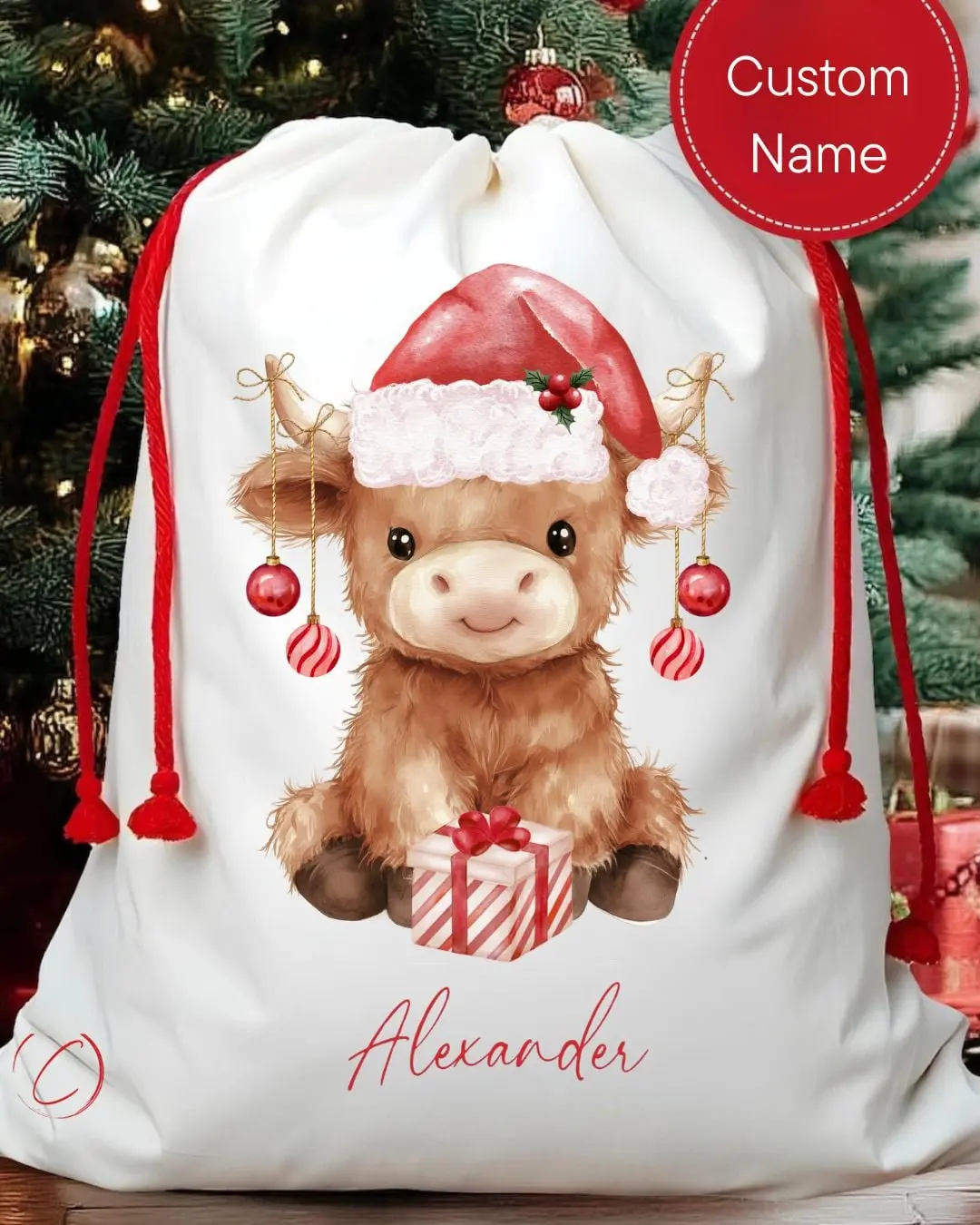 Custom Santa Sack- Christmas Highland Cow