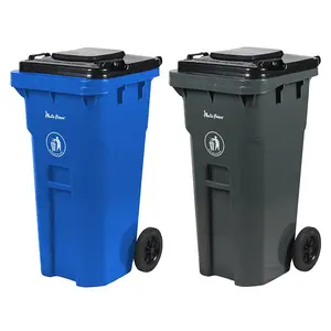 27 & 32 Gallon Outdoor Trash Can with Lid and Wheels Small Wheeled Outdoor Garbage Can Storage Outside Heavy-Duty Rolling Trash Bin for Home Office Commercial Use, Plastic Gray & Blue