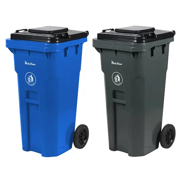 27 & 32 Gal Heavy-Duty Plastic Rolling Outdoor Trash Can with Lid & Wheels - Smooth-Cleaning Gray & Blue Bin for Home, Commercial Use