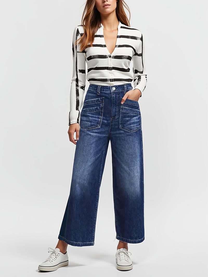 Wide Leg Stretch Jeans - Comfortable Soft and Breathable for Casual Wear Denim Womenswear with High Waist and Loose Fit