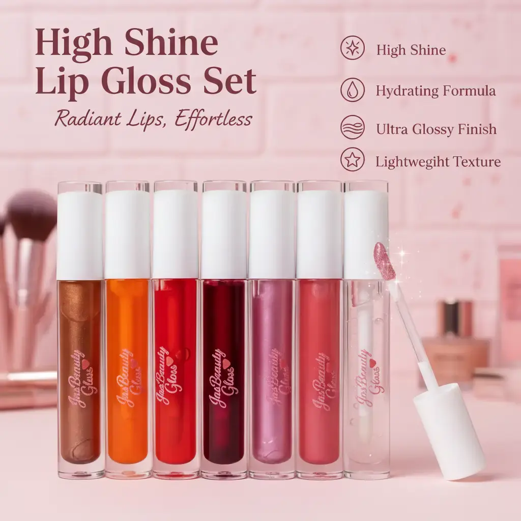 JasBeauty Co LLC High Shine Lip Gloss Full Set - Single Item Makeup Lipstick, Hydrating, Smoothing, High Pigmentation, Ultra Glossy, Shimmer & Clear, Lightweight Cosmetic Lip Care for All Skin Types with Dewy Finish, Fresh Look