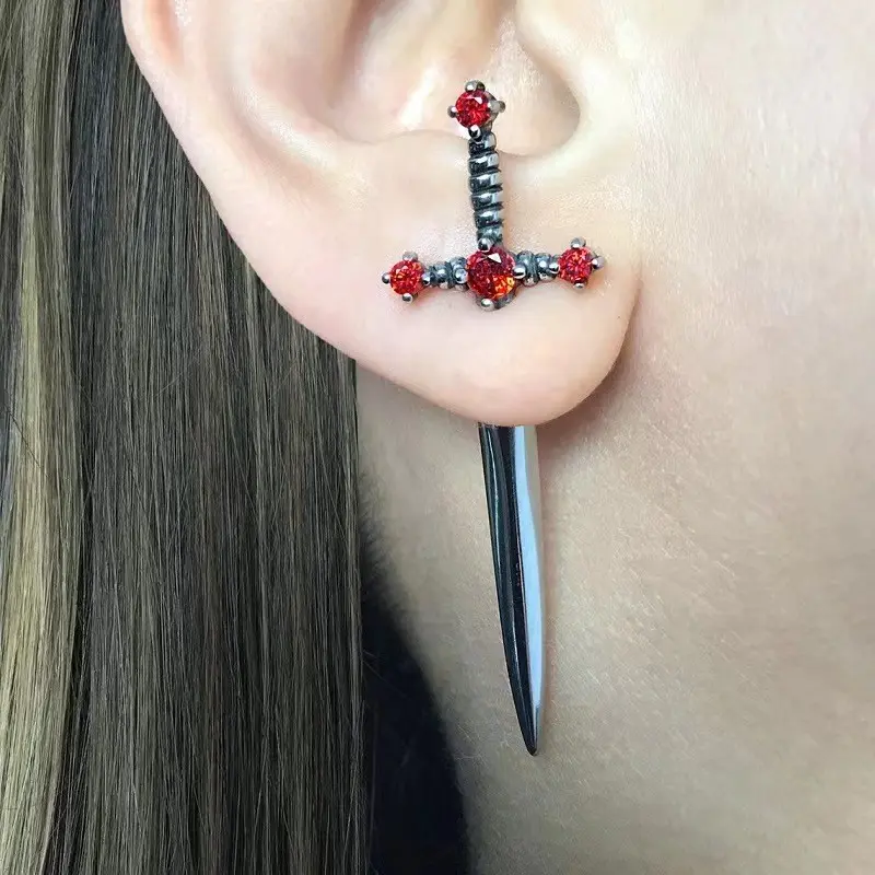 Gothic Sword Trendy Personality Women's Earrings Vintage Crystal Diamond Dagger Earrings