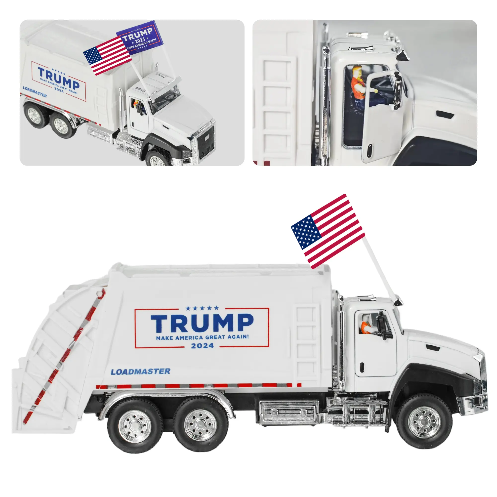 Donald Trump REAL Voice Truck Toys, Trump Garbage Truck Collectibles, 2024 Election Souvenirs, 1:50 Scale Pull Back Metal Model Car Toys Gift for Trump Fans