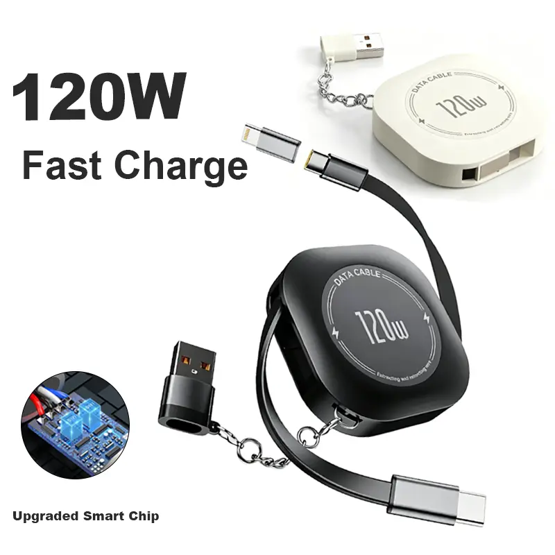 4-in-1 Retractable Charger Cable, 120W Super Fast Charging Cord & Data Sync, Universal USB-C / L Quick Charger for iPhone & Samsung, Portable Travelessential, Auto-Rewind Tangle-Free Design for Car Carplay & Office Electronic Cellphone