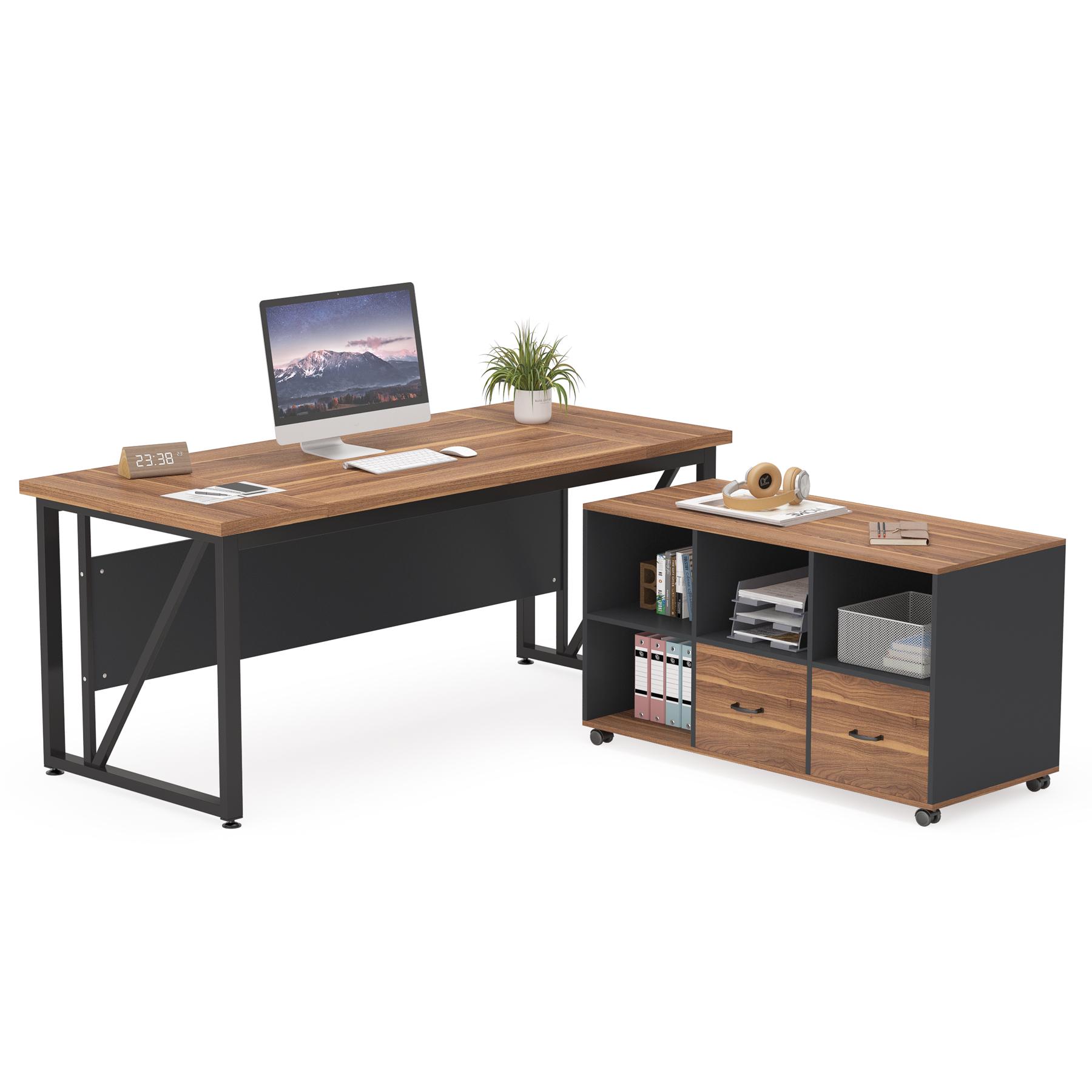 LITTLE TREE 63-Inch Executive Desk with 47-Inch Mobile File Cabinet, Large Home Office Desk with Drawers and Storage Shelves, L-Shaped Computer Desk Workstation Business Furniture,Two separate package