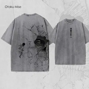 Otaku Mise Wall Titan AOT Anime Inspired Washed T-shirt Attack on Titan Manga Vintage Tee for Anime Fans Lovers  - Graphic
