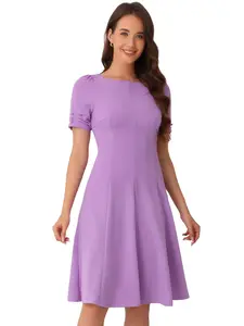 INSPIRE CHIC Women's Square Neck Ruched Short Sleeve Dresses A-Line Work Dress Lavender