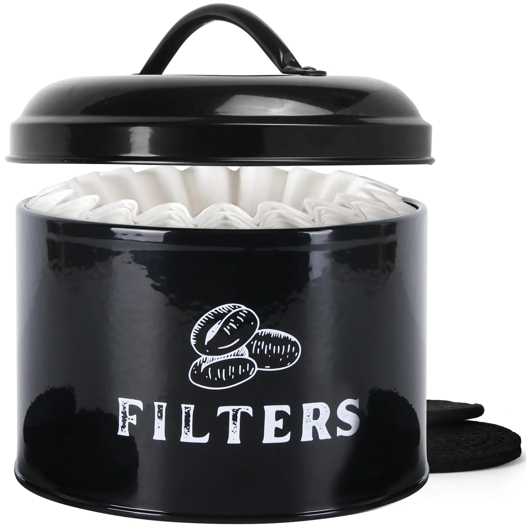 HOMLYCRAFT Coffee Filter Holder – Coffee Filter Holder for Counter with Braided Cotton Drink Coasters – Vintage Coffee Filter Container with Lid – Coffee Accessories for Coffee Bar, Home(Black)