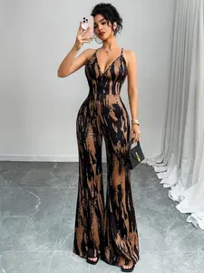Women's All Over Print Fitted Jumpsuit, Lady Casual Fashion Spaghetti Strap Jumpsuit for Daily Outdoor Wear, Women Jumpsuits for Summer