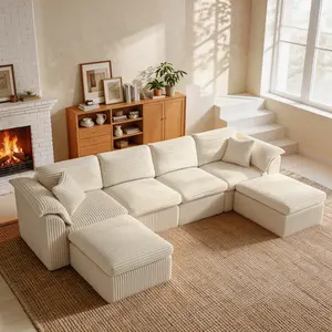 130" Cloud U-Shape Sectional Couch Oversized Modular Sofa with Ottoman Soft Corduroy Latex Bean Filled Cushions for Large Living Room Family Entertainment