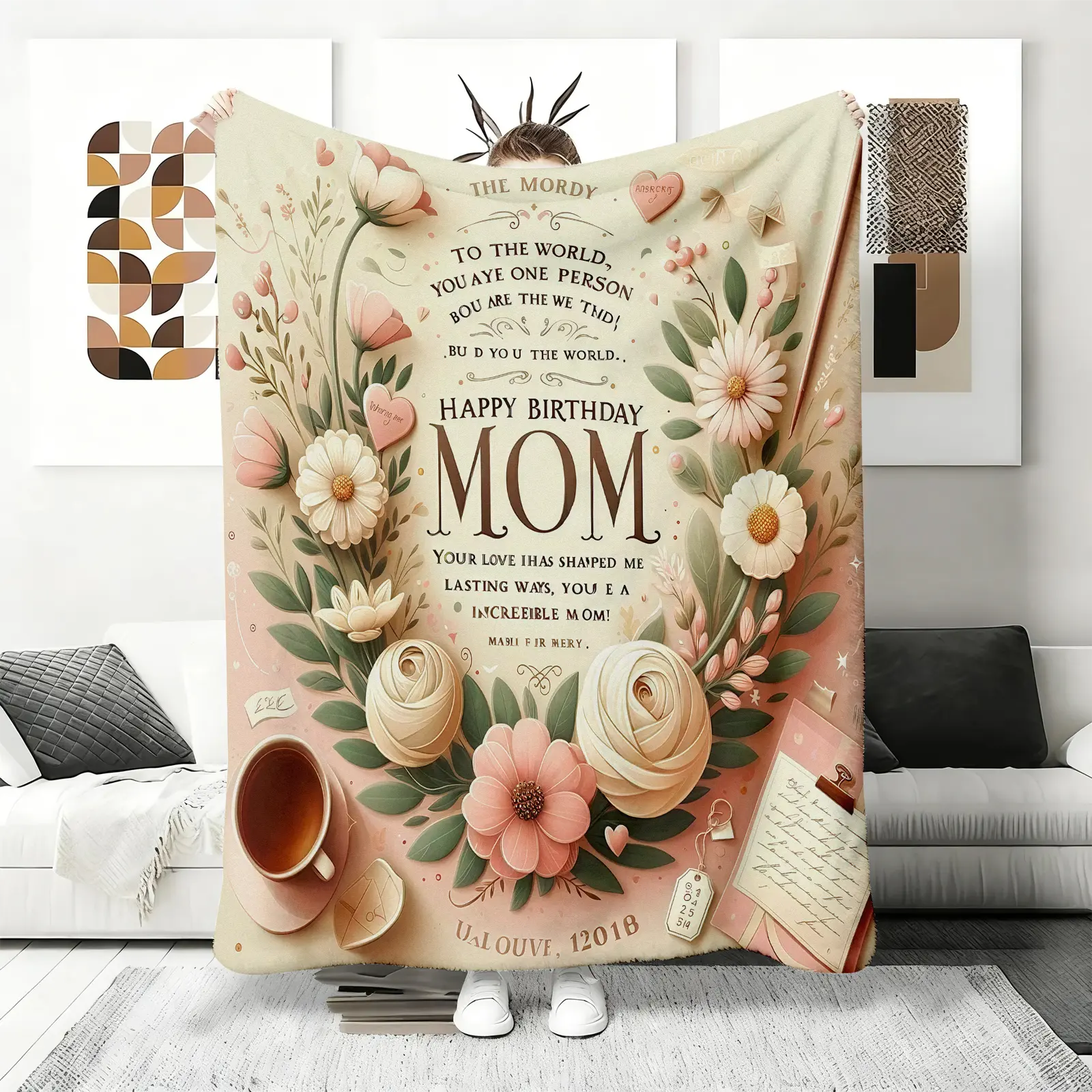 Happy Birthday Mom Flannel Blankets, 'You Are My World’ Print Fleece Throw, Heartfelt Gift from Daughter Son, Soft Pink Floral Cozy Blanket for Her Birthday  ,mellow blanket,  bedding,plush blankets