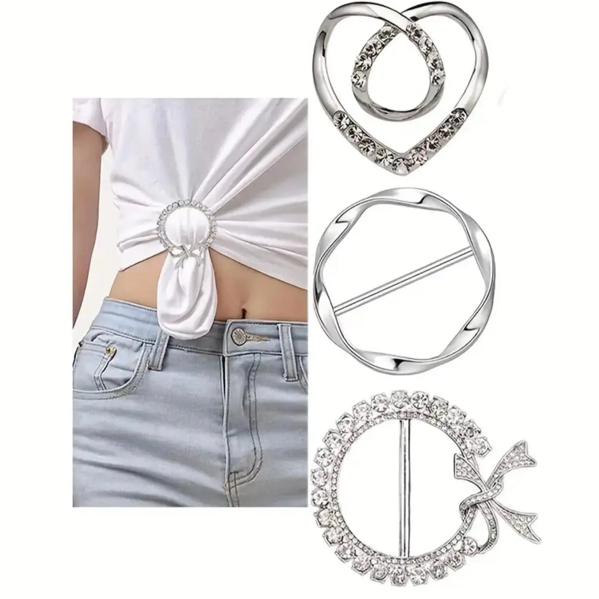 3 Piece Cinch Clips | Silver or Gold | Rhinestones | for clothing and fabric Fashion Accessory Durable Metal